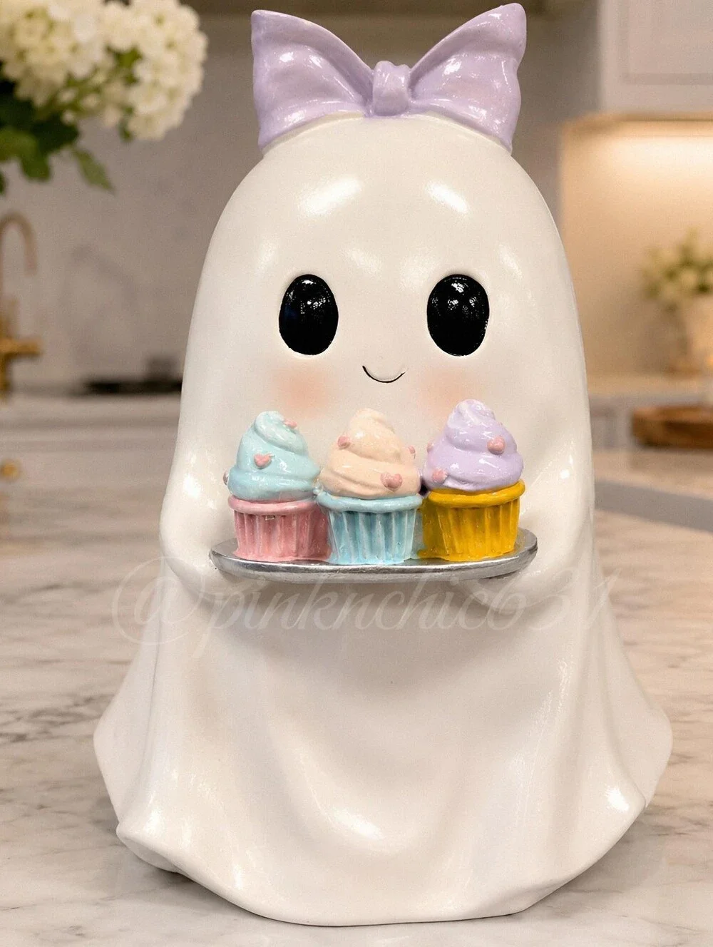 Ghost Holding Cupcakes Statue Halloween Decor Purple Coquette Bow
